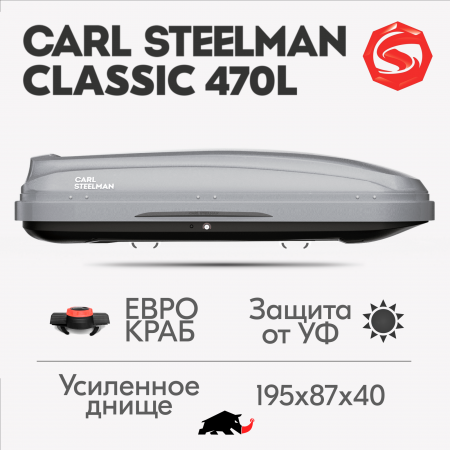 Багажный бокс на крышу Carl Steelman CLASSIC 1950*865*405 темно-серый "карбон" с двухсторонним открытием + еврокрепление "краб"(об.470л) от магазина ФаркопРос