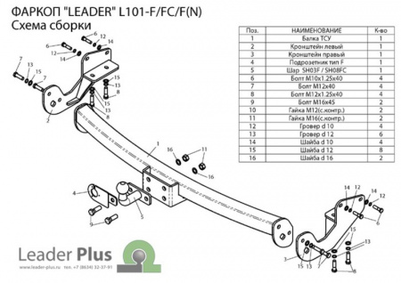 Фаркоп L101-F(N) для Lexus RX 300 / 330 / 350 / 400 2003-2010, Toyota Highlander 2003-2010 (с металлич. пластиной), шар F, Лидер Плюс от магазина ФаркопРос