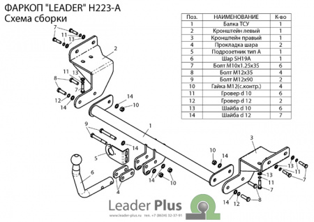 Фаркоп H223-A для Hyundai i30 (JDH) хетчбек 2012-2017, шар A, Лидер Плюс