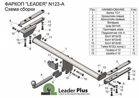 Фаркоп N123-A для NISSAN PATROL (Y61) (внедорожник) 1997-2010 г.в., Лидер Плюс от магазина ФаркопРос
