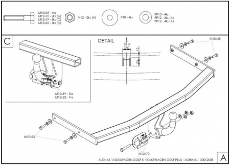 Фаркоп A038C для Audi A3 2003-2008: хетчбек 3 двери, VW Golf V, VI, Plus хетчбек 3/5 дверей 2003-2008, 2008-2013 (2WD только). , Galia от магазина ФаркопРос