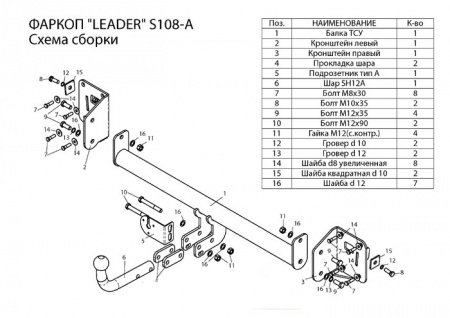 Фаркоп S108-A для SKODA OCTAVIA 3 (5E3) (хетчбек) 2013 -, Лидер Плюс от магазина ФаркопРос