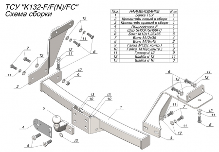 Фаркоп K132-F(N) для KIA SORENTO IV (MQ) 2020 - (C НЕРЖ. ПЛАСТИНОЙ), Лидер Плюс